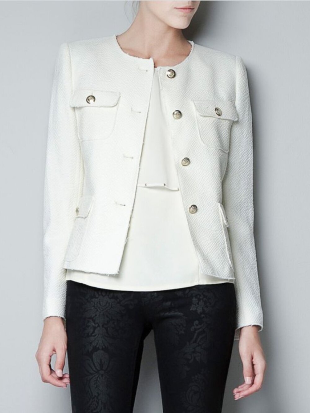 Zara Ecru Textured Frayed Blazer Jacket With Gold Buttons, NWT, S